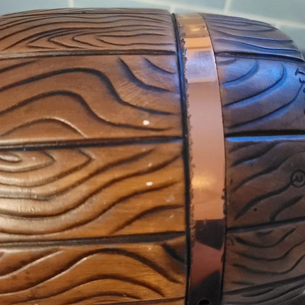 Vtg MCM Treasure Craft Faux Oak Ceramic Cookie Jar/Canister Barrel Copper Straps